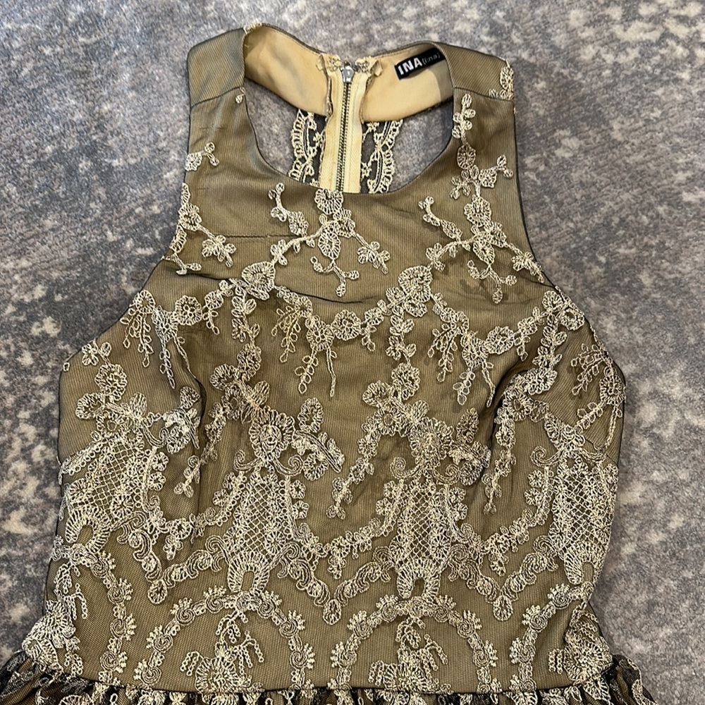 INA AMAZING GOLD AND BLACK LACE T BACK DRESS - Picture 2 of 15